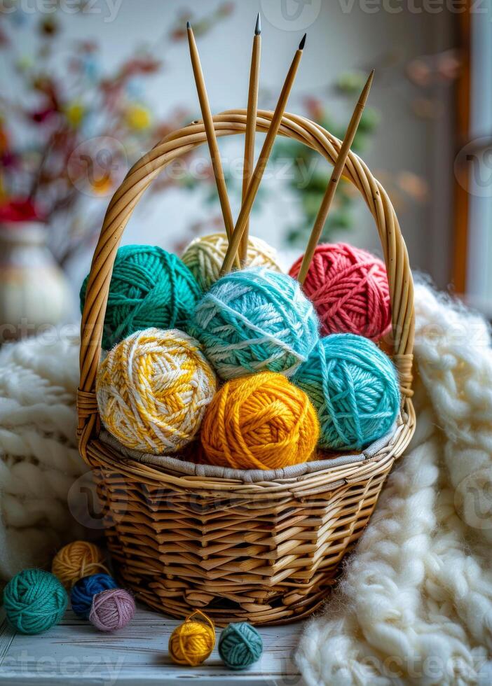 Cozy basket of colorful yarn and supplies A basket filled with vibrant yarn balls and knitting needles sits on a soft blanket, creating a warm crafting atmosphere indoors. photo