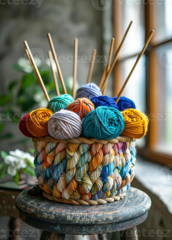Cozy setting with vibrant yarns and tools A woven basket filled with vibrant yarn balls and knitting needles sits on a stool beside a window, inviting a creative atmosphere. photo