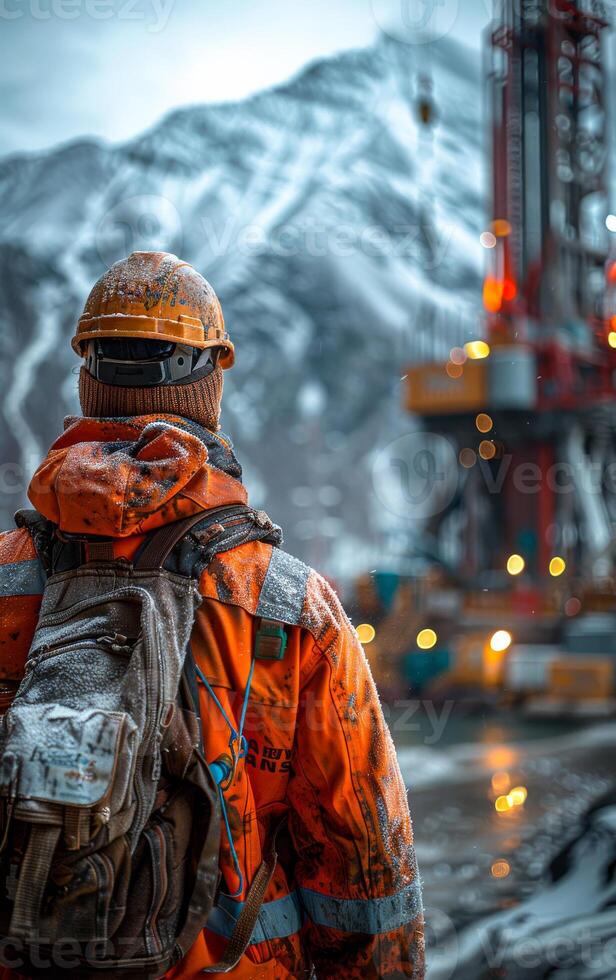 Worker in orange jacket by snowy rig A worker in a vibrant orange jacket stands with a backpack, overlooking a drilling rig set against snow-capped mountains. photo