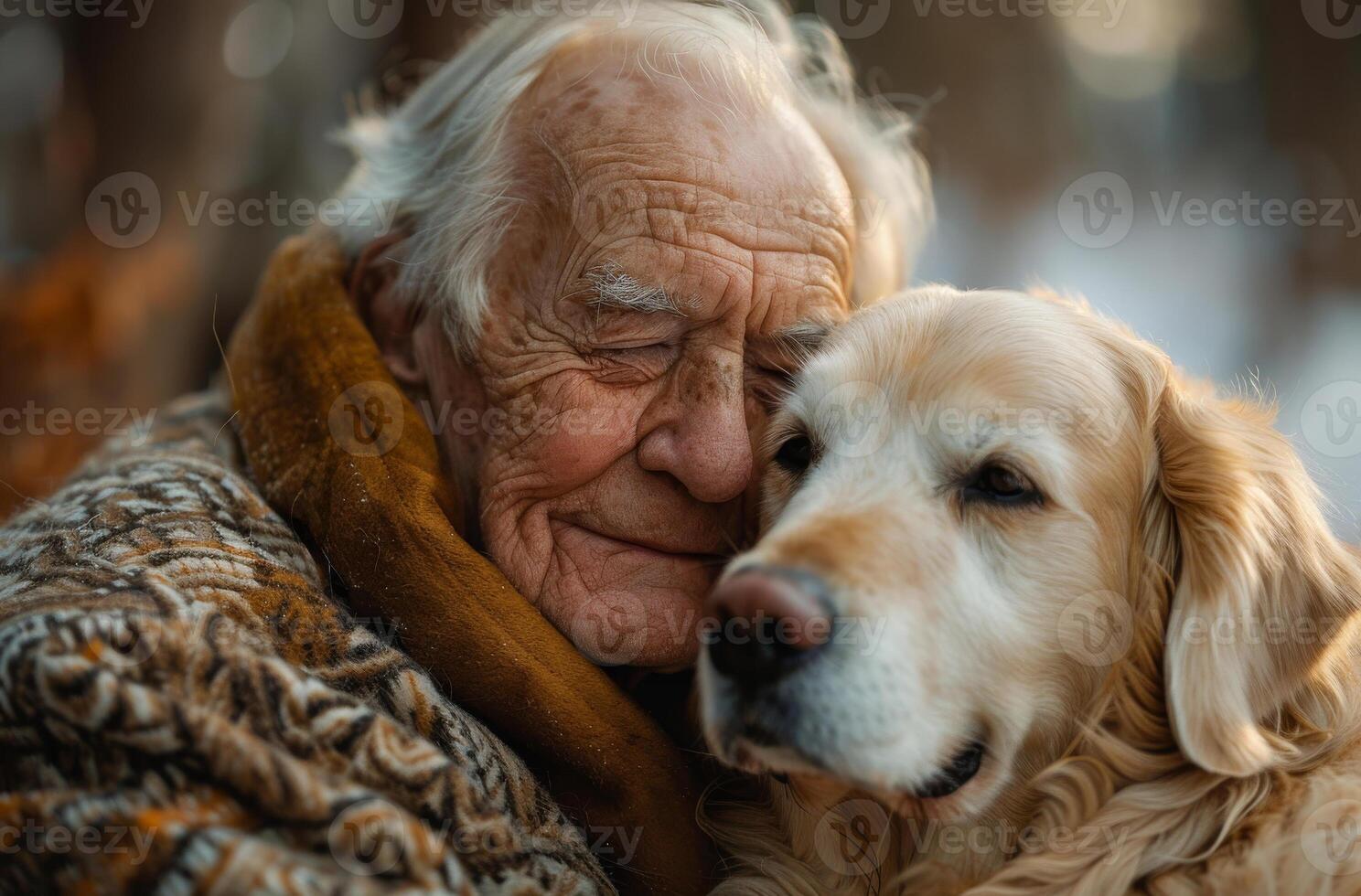 Man hugs golden retriever in autumn park An elderly man shares a tender moment with his golden retriever in a serene autumn setting, showcasing love and companionship. photo