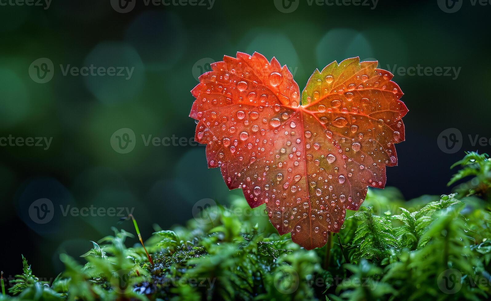Heart-shaped leaf with dew on mossy forest floor A bright red heart-shaped leaf covered in droplets rests on lush green moss beneath a canopy of trees in the forest. photo