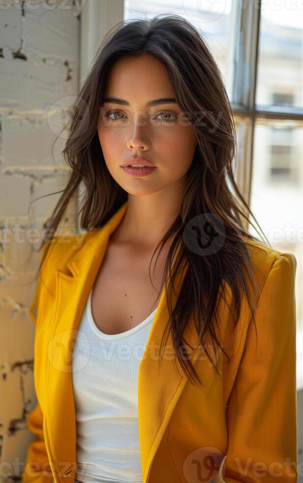 Woman in yellow blazer by a window A young woman stands gracefully near a window, wearing a yellow blazer and a white top, with soft natural light illuminating her features. photo