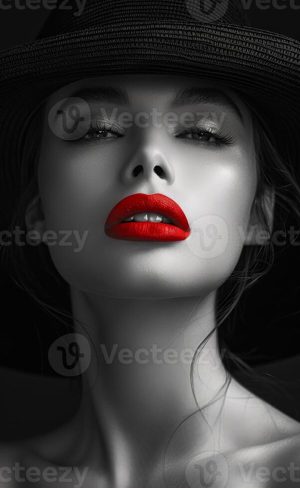 Elegant portrait of a model with bold red lips A striking model poses elegantly, showcasing defined features and bold red lips against a dark background, creating a dramatic contrast. photo