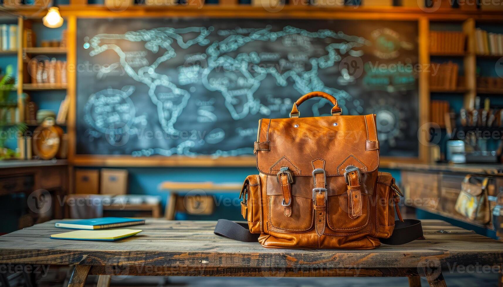Leather backpack on wood table with map A vintage leather backpack sits on a rustic wooden table in a cozy classroom, surrounded by a chalkboard world map and stationery. photo