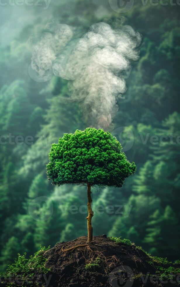 A tree emits smoke in a mystical forest setting A vibrant green tree stands alone, releasing a plume of smoke amidst a lush forest background, creating an enchanting atmosphere. photo
