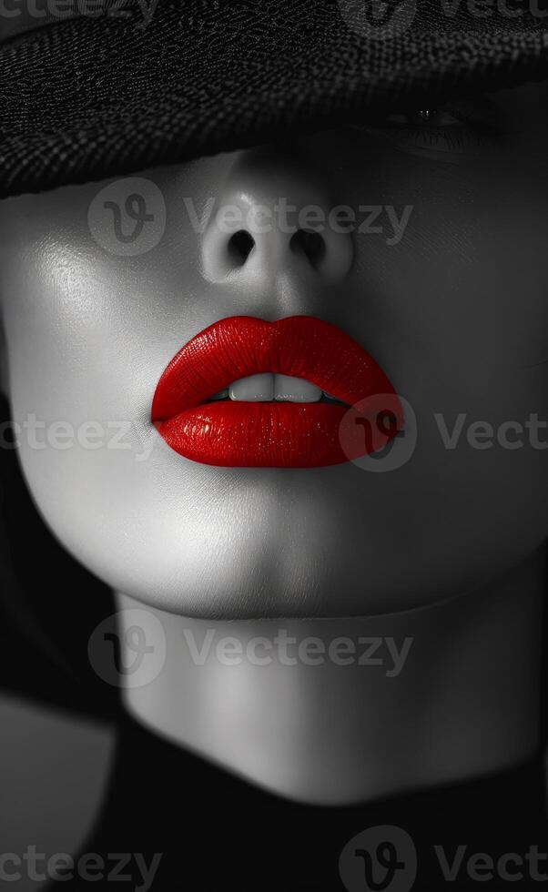 Stylish mannequin with red lips and a black hat A close-up view of a mannequin's face showcasing bold red lips highlighted by a dark hat, emphasizing a striking fashion statement. photo