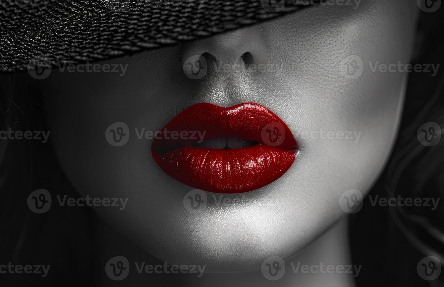 Elegant close-up of red lips beneath a dark hat A striking close-up showcases bold red lips contrasted against a gray tone, partially obscured by a stylish dark hat, exuding allure. photo