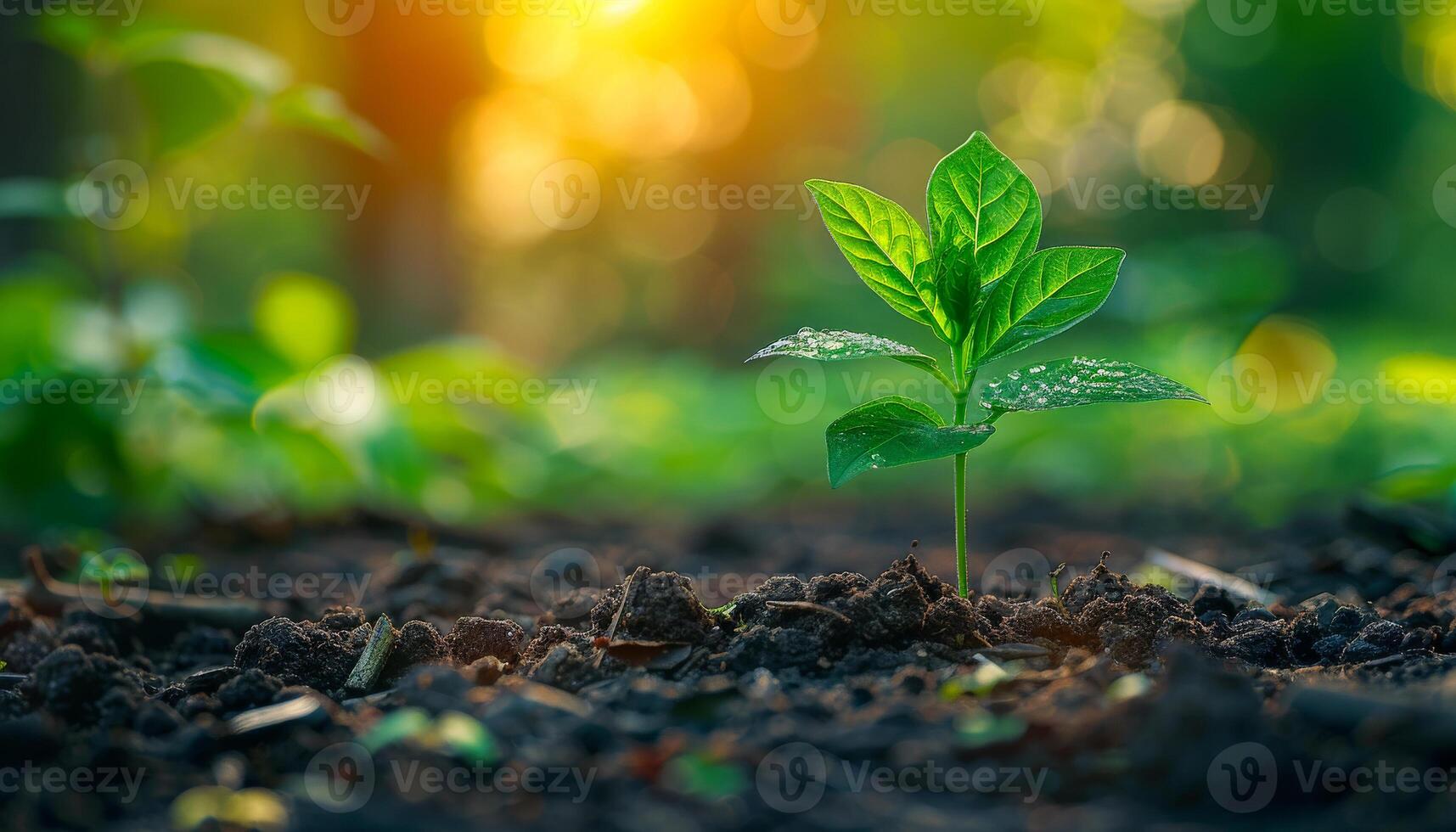 New plant sprout in the warm sunlight of spring A young green plant emerges from rich soil under the gentle glow of spring sunlight, symbolizing new beginnings and growth. photo