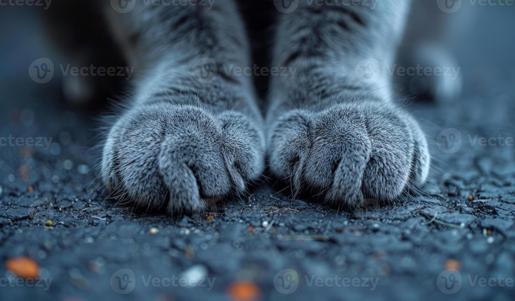 Close-up of a cat's paws on textured surface Soft gray cat's paws rest on a rough surface, showcasing the unique textures and details of its fur and claws. photo