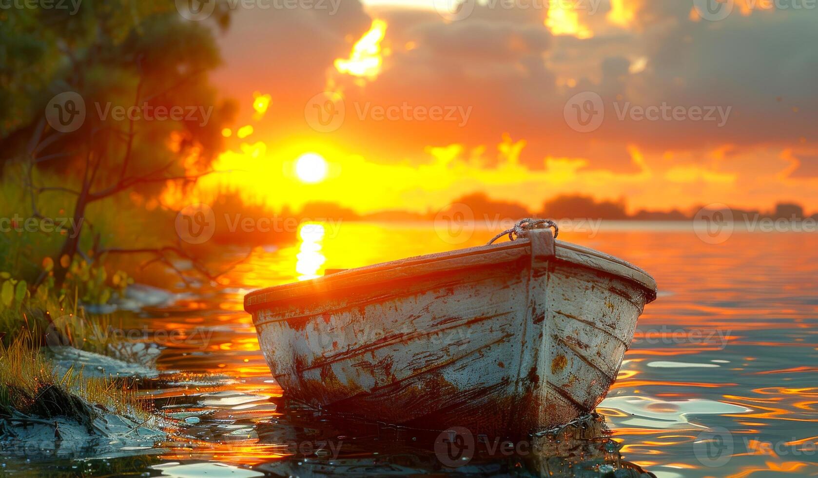Sunset over calm waters with a boat on the shore A tranquil sunset casts vibrant colors over the water, with an old boat peacefully resting on the shore amidst tall grass. photo