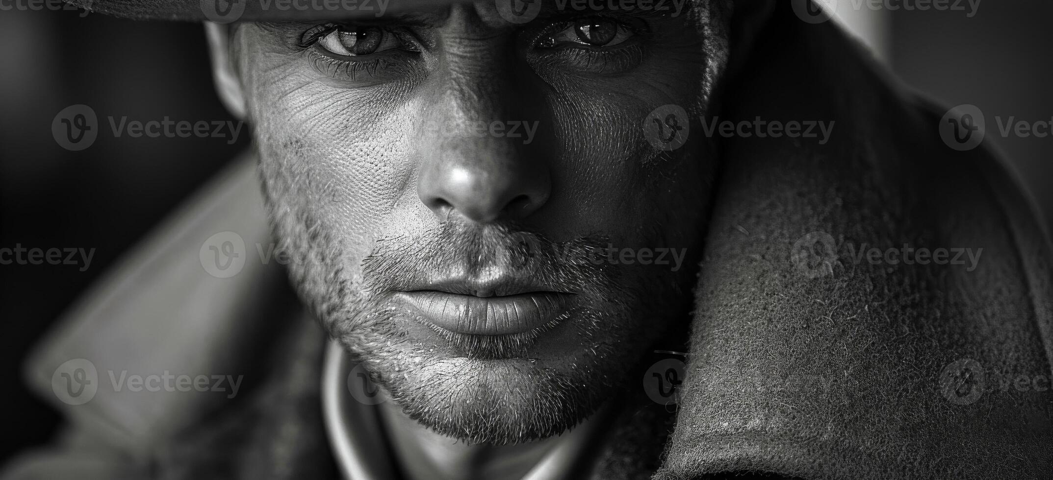 Man in a hat, evening close-up A man with striking features gazes intently at the camera, wearing a hat and coat in soft, moody lighting. photo