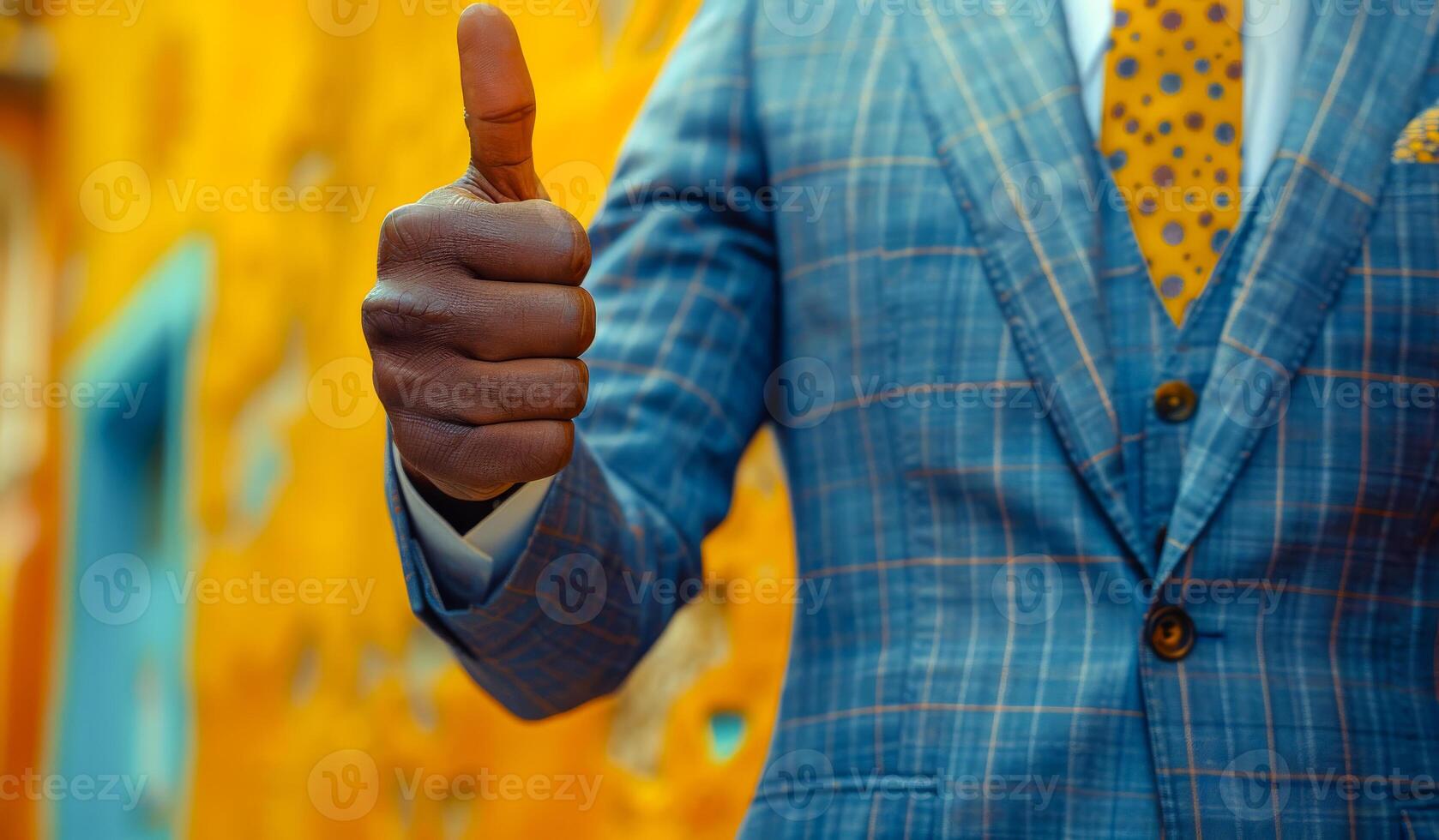 Man giving a thumbs up in a vibrant urban setting A well-dressed man shows a thumbs up gesture, standing against a bright yellow wall, exuding confidence and positivity. photo