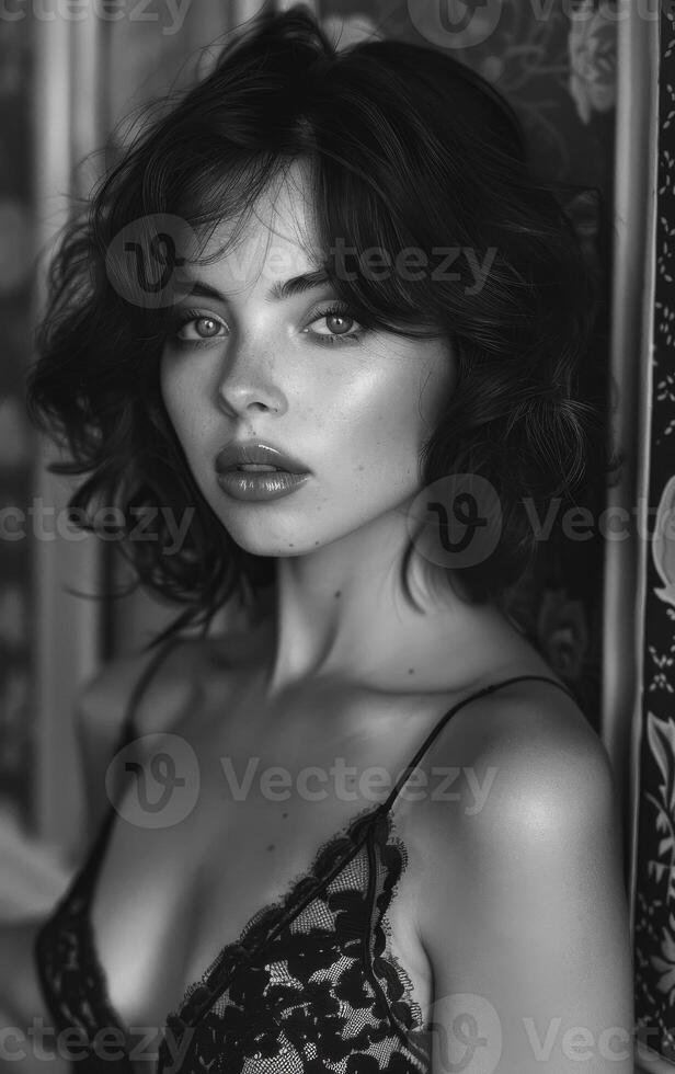 Elegant portrait of a woman in intimate setting A woman poses gracefully in a dimly lit room, showcasing her expressive features and soft curls against a decorative backdrop. photo