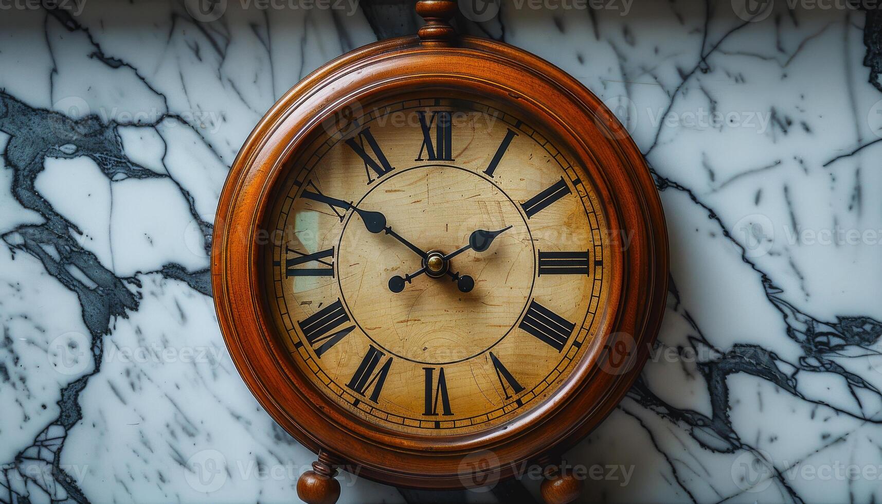 Antique wooden clock on marble table at home An elegant antique wooden clock rests on a polished marble table, highlighting timeless craftsmanship in a cozy home setting. photo