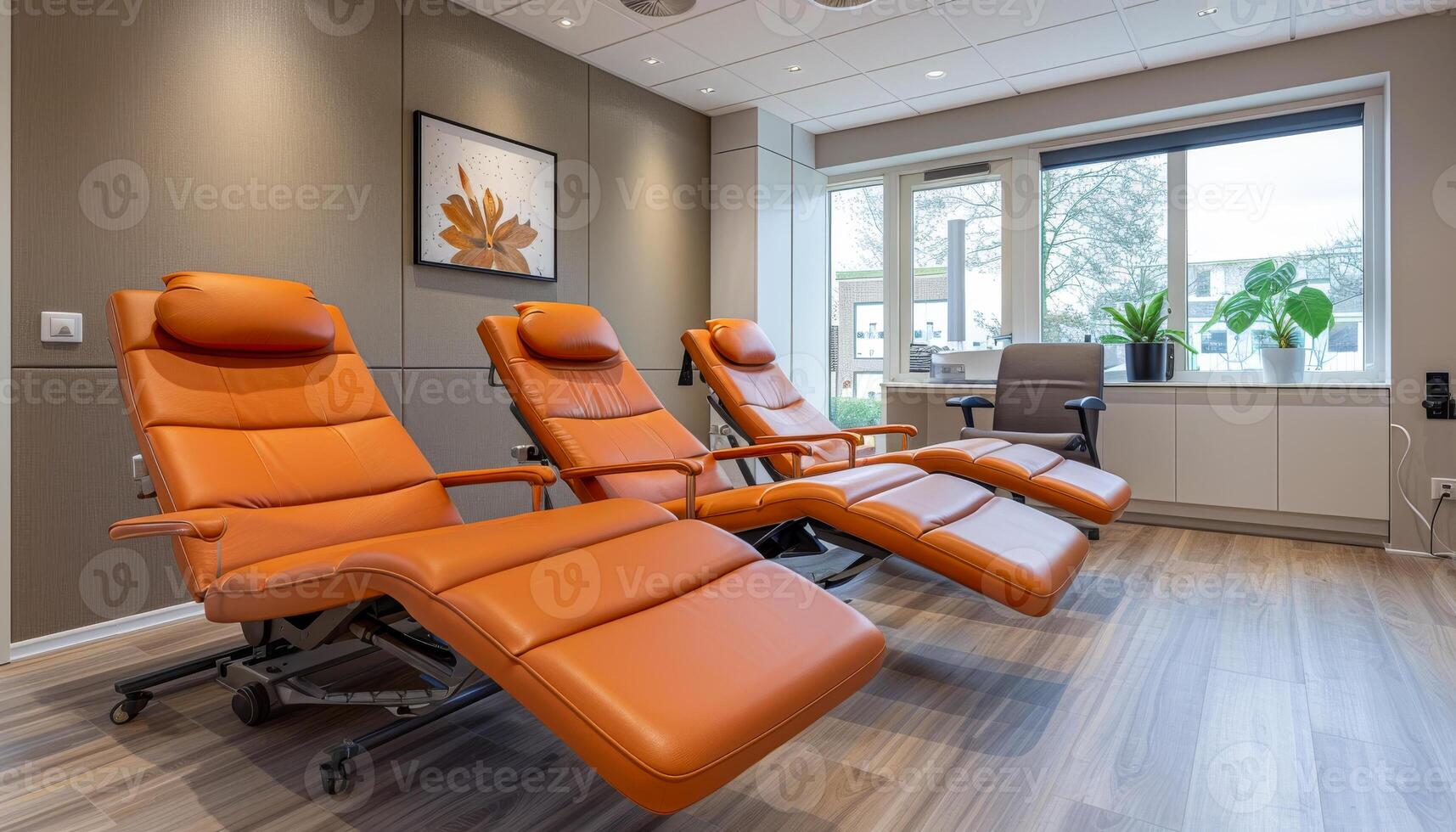 Modern relaxation chairs in a serene waiting area Three stylish orange recliners offer comfort in a bright waiting area with natural light and minimalistic decor. photo