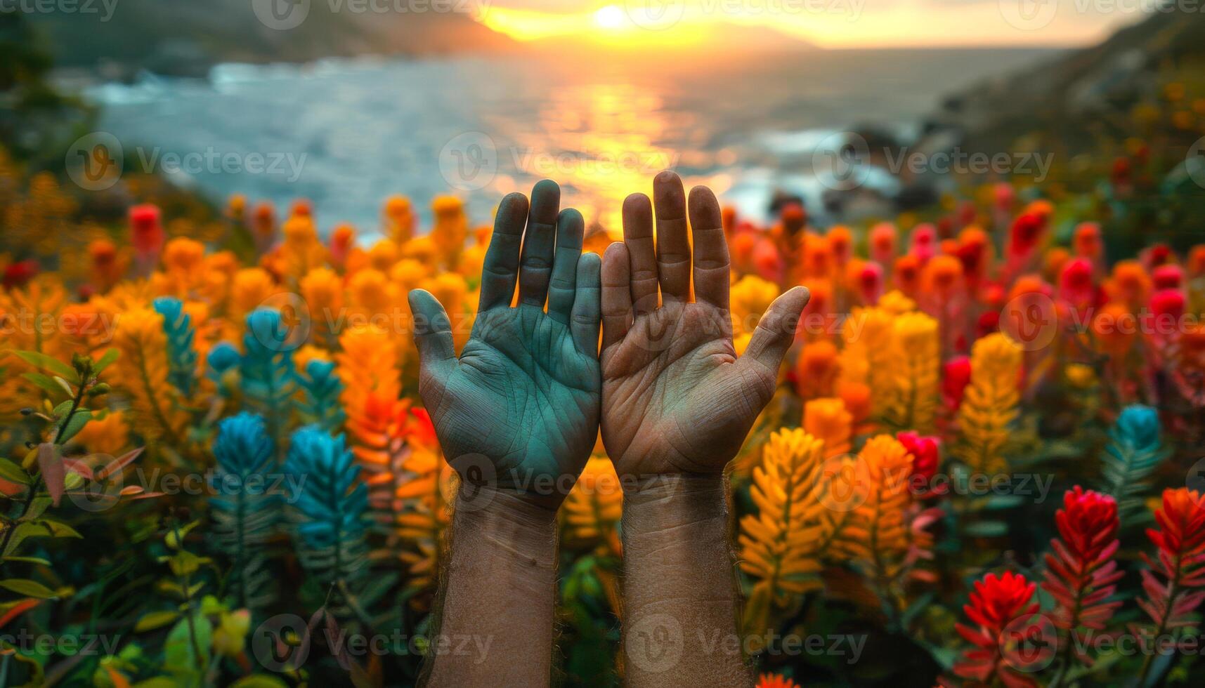 Hands lifted among vibrant flowers at sunset Two hands are raised toward the sunset, surrounded by colorful flowers, capturing a moment of connection with nature. photo