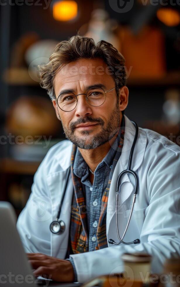 Doctor working on a laptop in a cozy office A doctor in a white coat sits at a desk, intently typing on a laptop in a warm, intimate office setting. photo