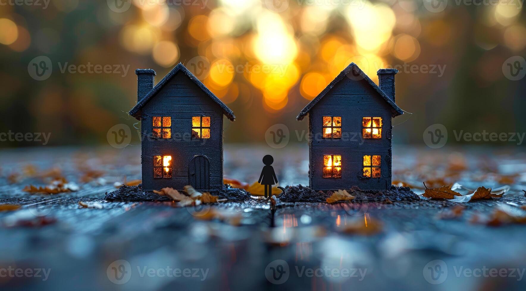 Miniature houses glowing warmly at sunset Two miniature houses emit warm light as a tiny figure stands between them, surrounded by fall leaves during sunset. photo