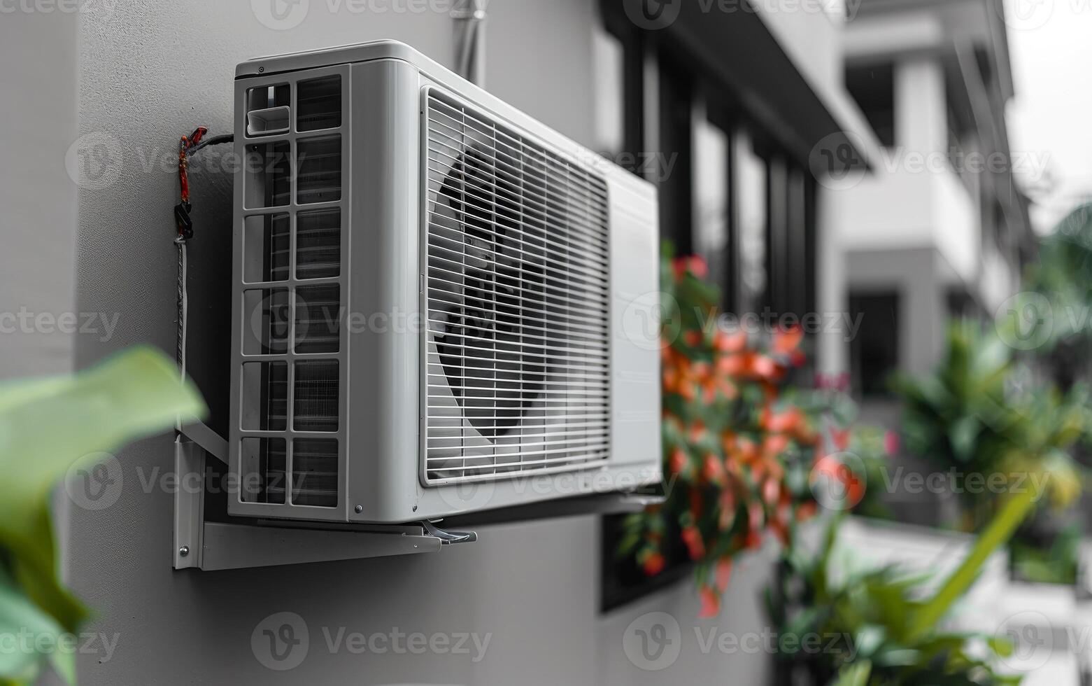 Air conditioning unit mounted on an exterior wall An air conditioning unit is installed on the exterior wall of a building, surrounded by greenery and vibrant flowers, on a sunny day. photo