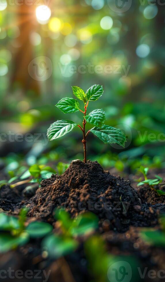 New sapling growth in a lush forest during sunrise A young sapling emerges from rich soil, surrounded by vibrant greenery, illuminated by soft morning sunlight in the forest. photo