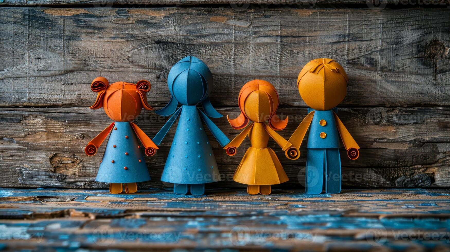 Colorful paper dolls on a rustic wooden table A set of four handcrafted paper dolls in vibrant colors stands on a weathered wooden table, showcasing creativity and craftsmanship. photo