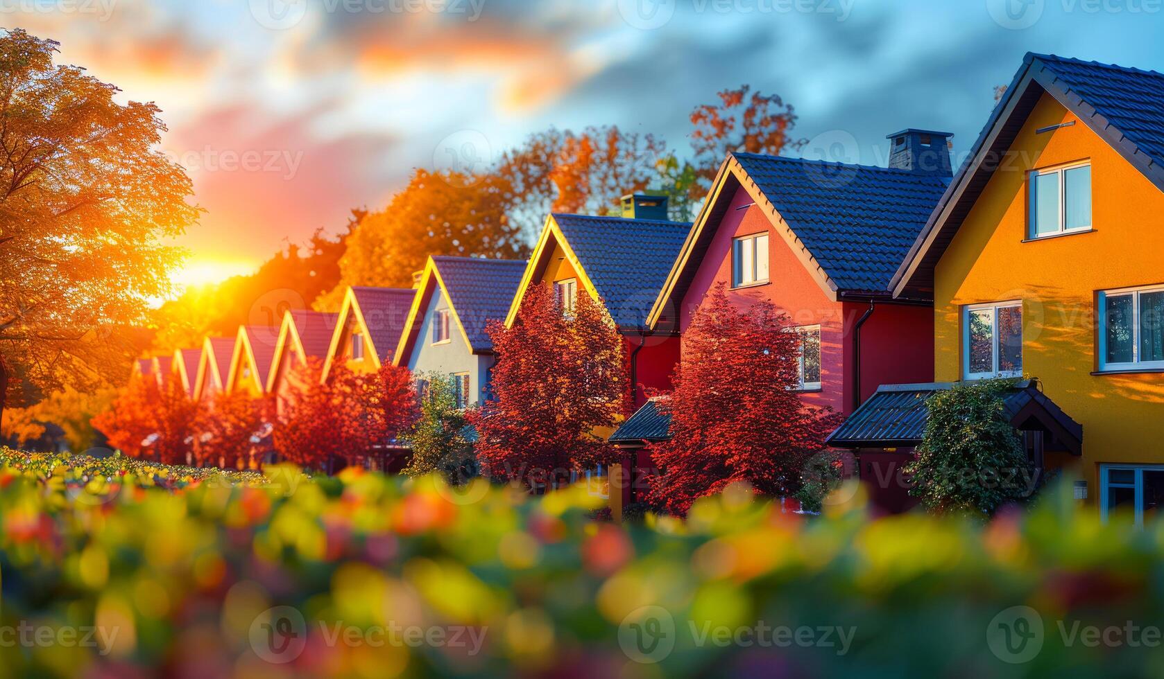 Colorful row of homes at sunset in autumn A vibrant row of houses is bathed in the warm glow of sunset, surrounded by colorful autumn foliage that enhances the scenic view. photo