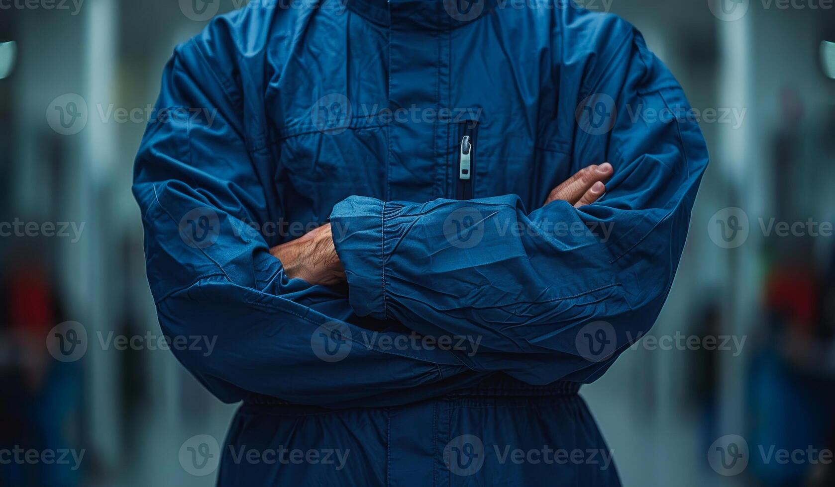 Person in blue jacket stands indoors A person in a blue jacket stands indoors with arms crossed, exuding a sense of calmness or contemplation in a quiet environment. photo
