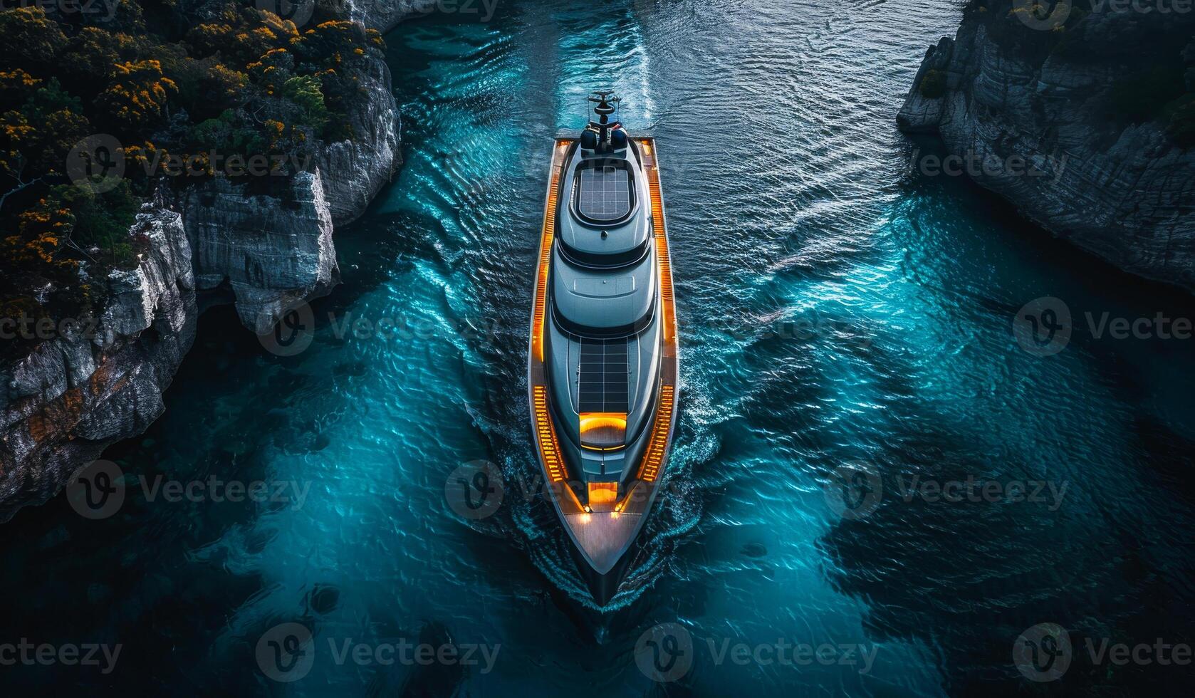 Luxury yacht in rugged coastal waters A sleek yacht navigates clear blue waters, surrounded by rugged cliffs and lush greenery under a bright sky. photo