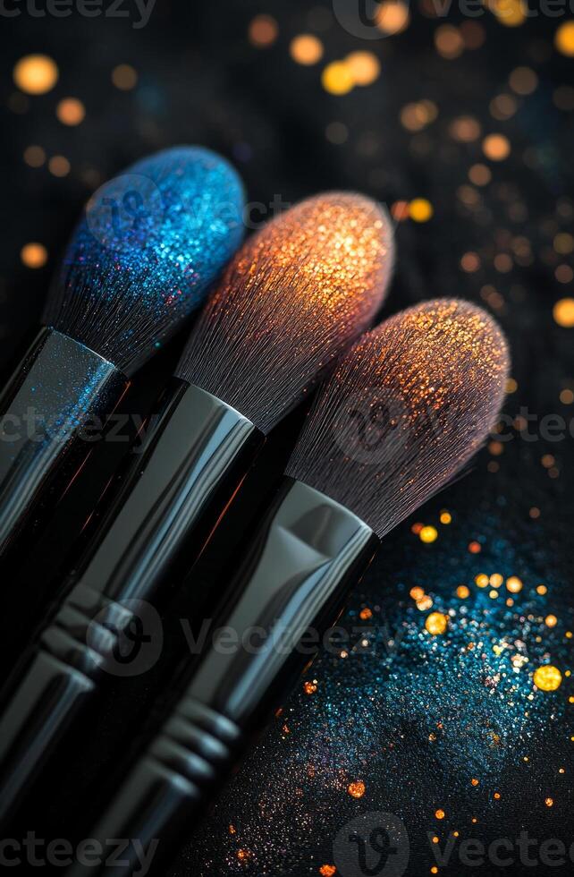 Glittery background with sparkling brushes. Three vibrant cosmetic brushes lie on a shimmering surface, showcasing rich colors under soft lighting, perfect for makeup enthusiasts. photo