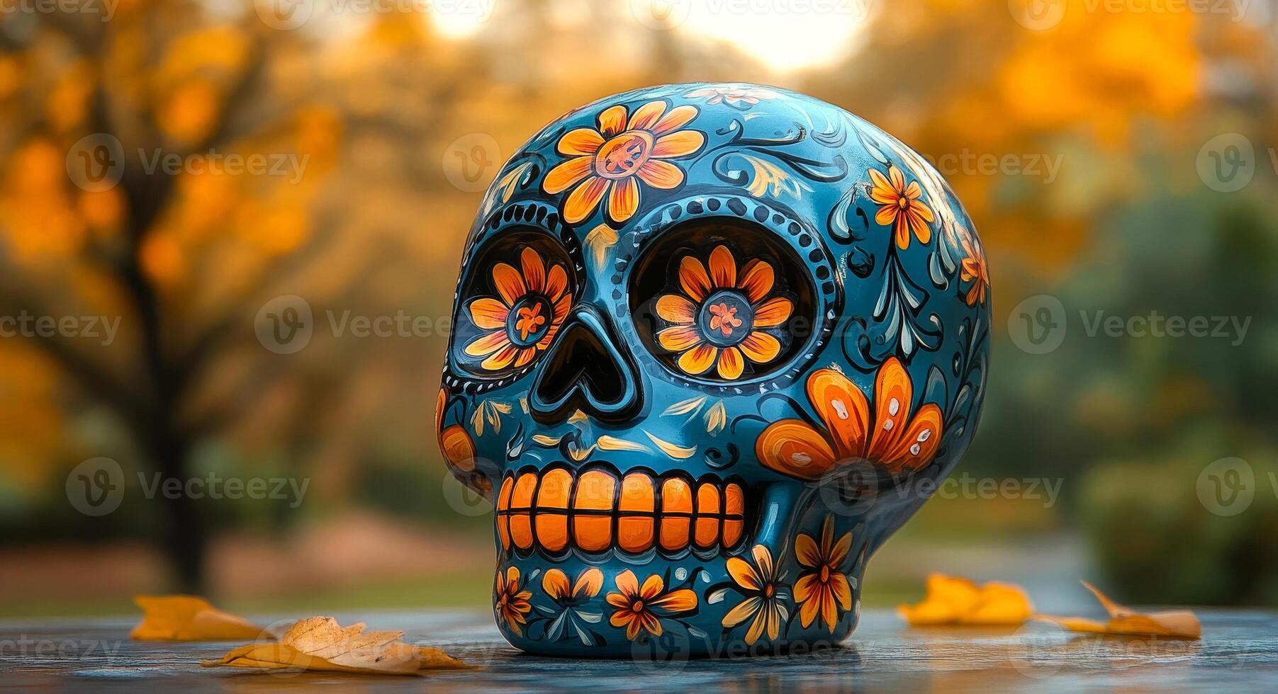 Colorful skull decoration in a park during autumn. Painted skull for Dia de los Muertos. A vibrant skull adorned with flowers rests on a table, surrounded by fallen leaves in an autumn park setting. photo