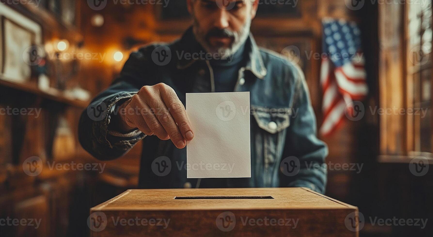 Man casting a ballot in a historic voting location. A man submits his ballot in a beautifully decorated historic voting site, reflecting civic engagement and community values. photo