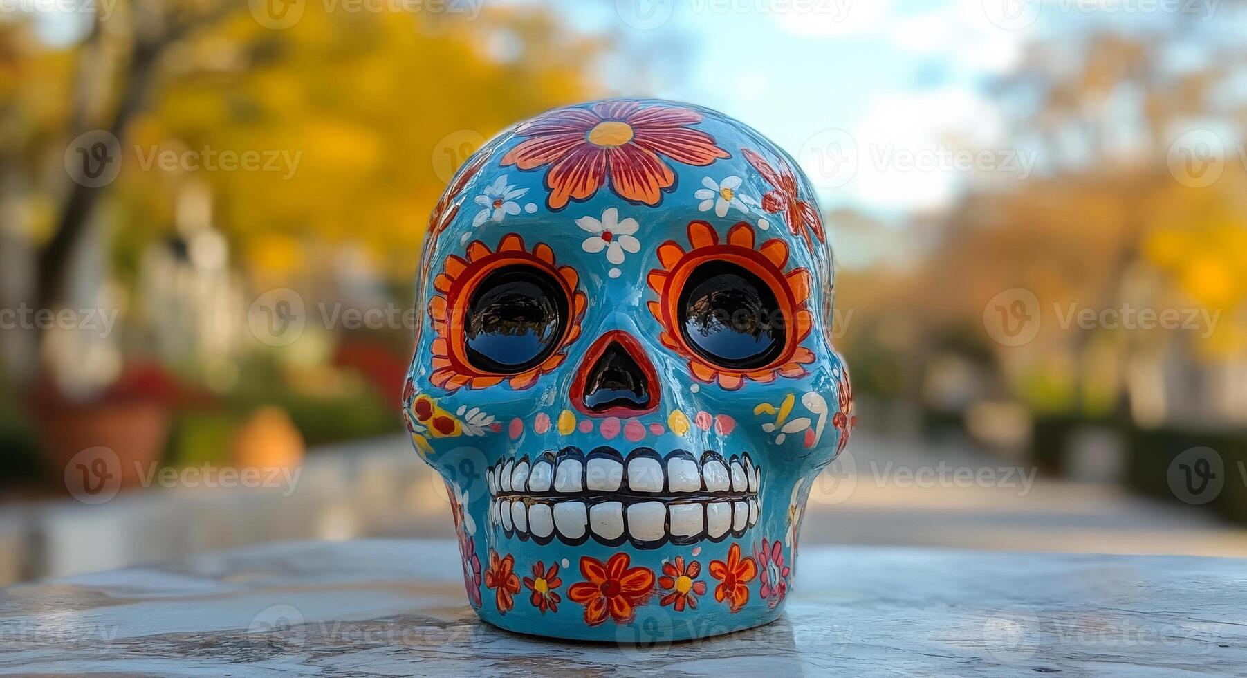 Painted skull for Dia de los Muertos. A vibrant, hand-painted skull adorned with flowers sits on a marble surface, surrounded by a tranquil garden in autumn. photo