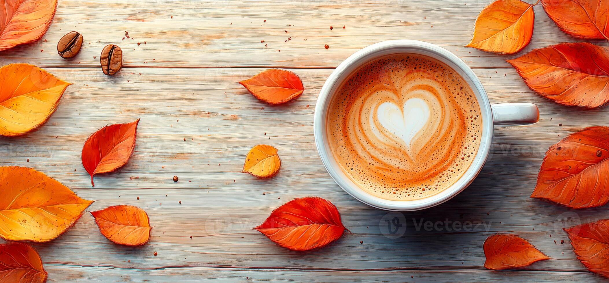 Cozy autumn coffee with heart latte art on wood. A warm cup of coffee with heart-shaped latte art surrounded by colorful autumn leaves on a rustic wooden table. photo