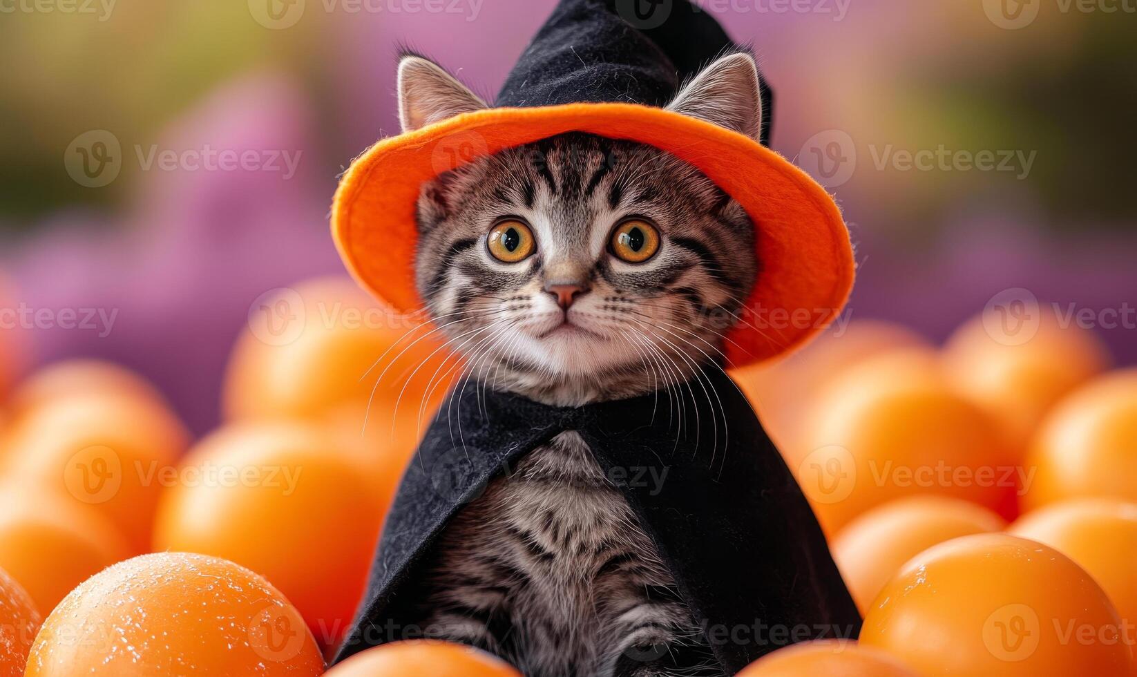 Cute cat dressed as a witch surrounded by pumpkins. A fluffy cat wearing a witch's hat and cape sits among bright orange pumpkins, creating a playful autumn atmosphere. photo