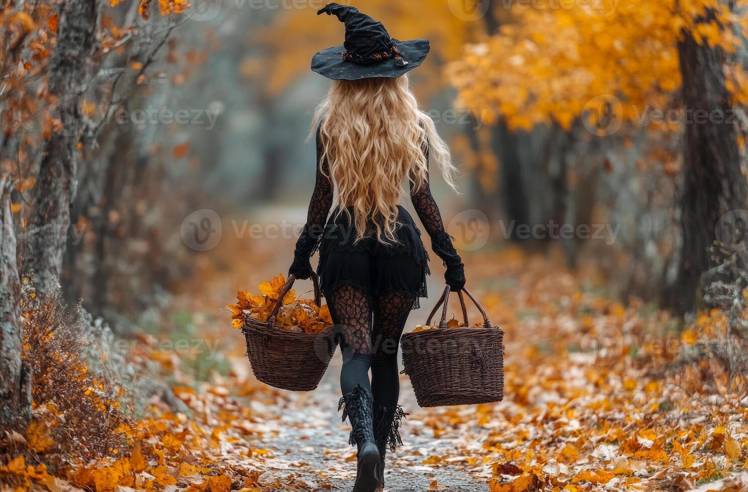 Witch strolling in autumn forest with baskets. A witch strolls down a forest path in autumn, carrying baskets filled with colorful leaves under trees adorned in fall hues. photo