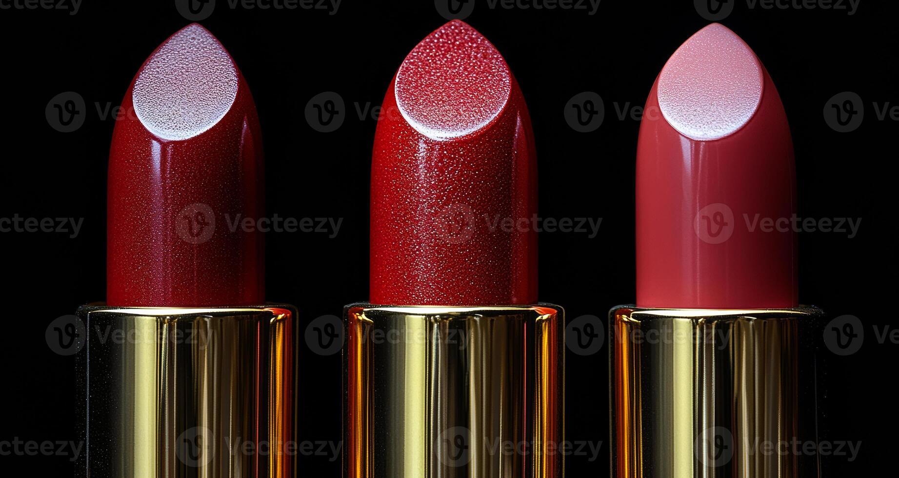 Three red lipsticks on dark backdrop. Three elegant red lipsticks are displayed on a black background, showcasing different finishes and shimmer effects for makeup lovers. photo
