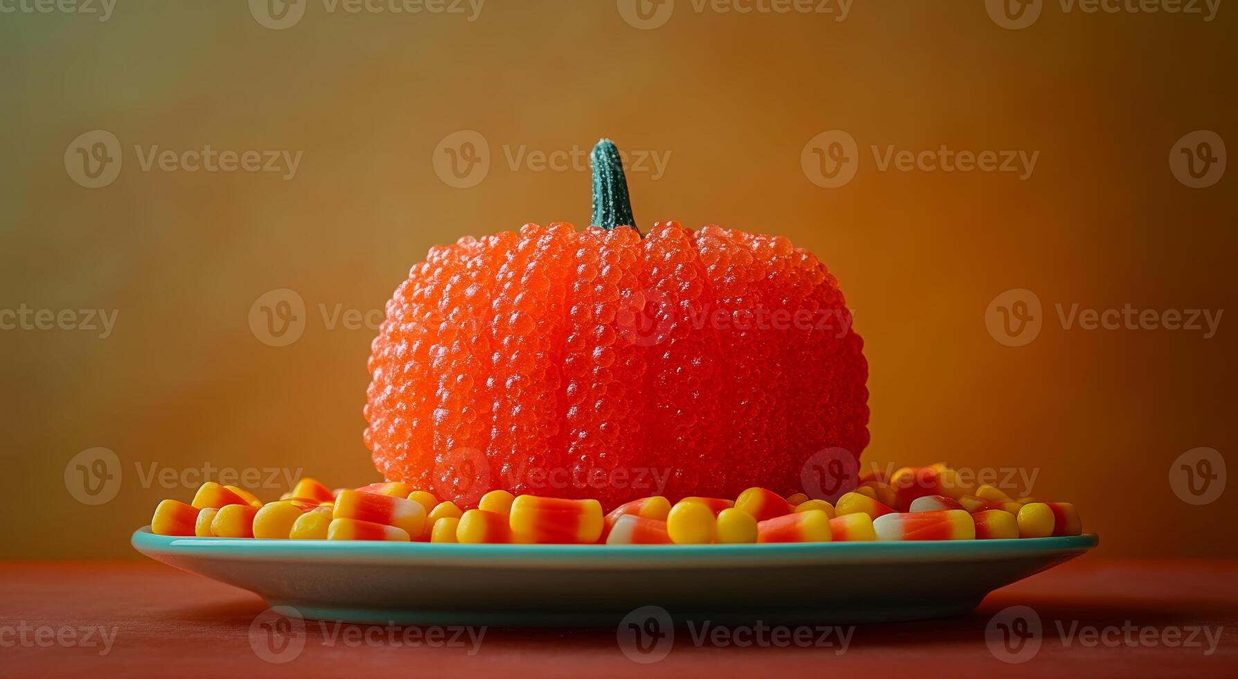 Colorful candy pumpkin on a plate with sweets. A bright orange pumpkin made of candy sits on a green plate surrounded by colorful candy corn, creating a festive autumn display. photo
