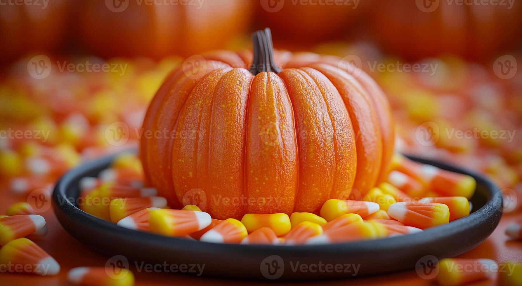 Pumpkin with candy corn for Halloween. A vibrant orange pumpkin is placed on a tray filled with candy corn, creating a festive atmosphere ideal for Halloween celebrations. photo