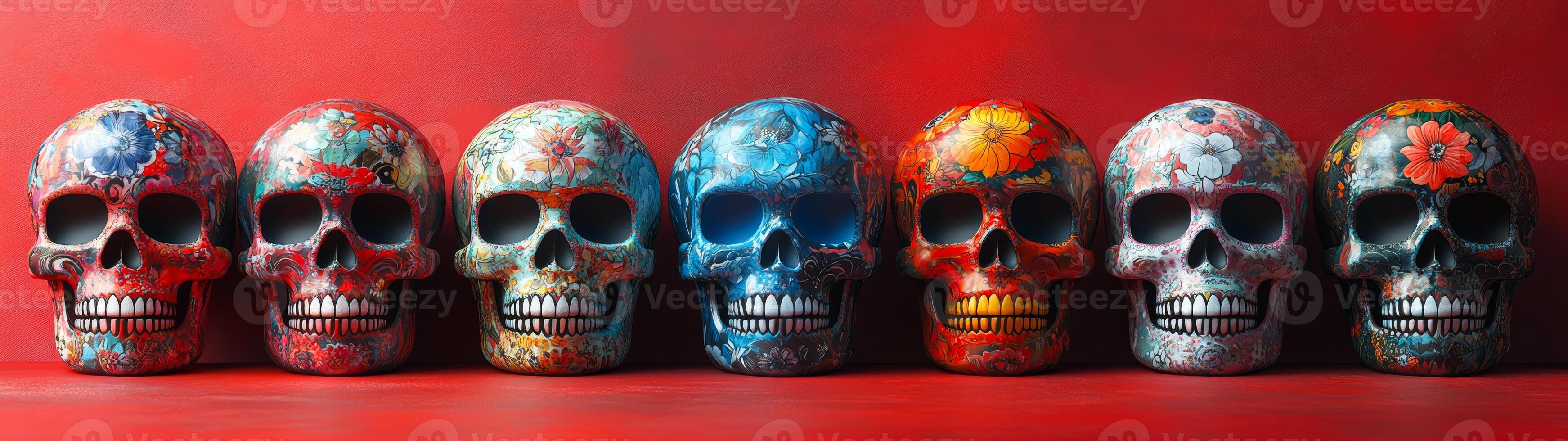 Vibrant background with colorful skulls or Dia de los Muertos. A row of intricately designed skulls in various colors rests against a striking red backdrop, showcasing intricate floral patterns. photo