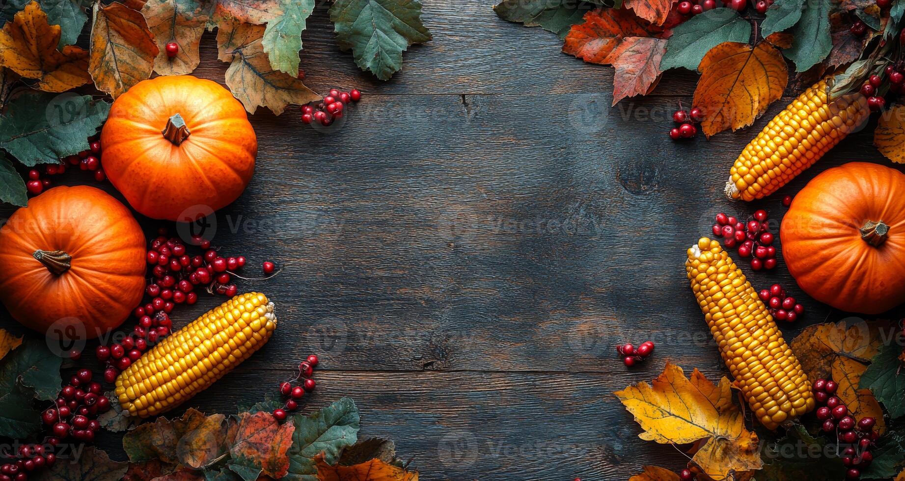 Autumn harvest display with pumpkins and corn. Bright orange pumpkins, corn, and vibrant fall leaves create a seasonal harvest arrangement on a rustic wooden table. photo