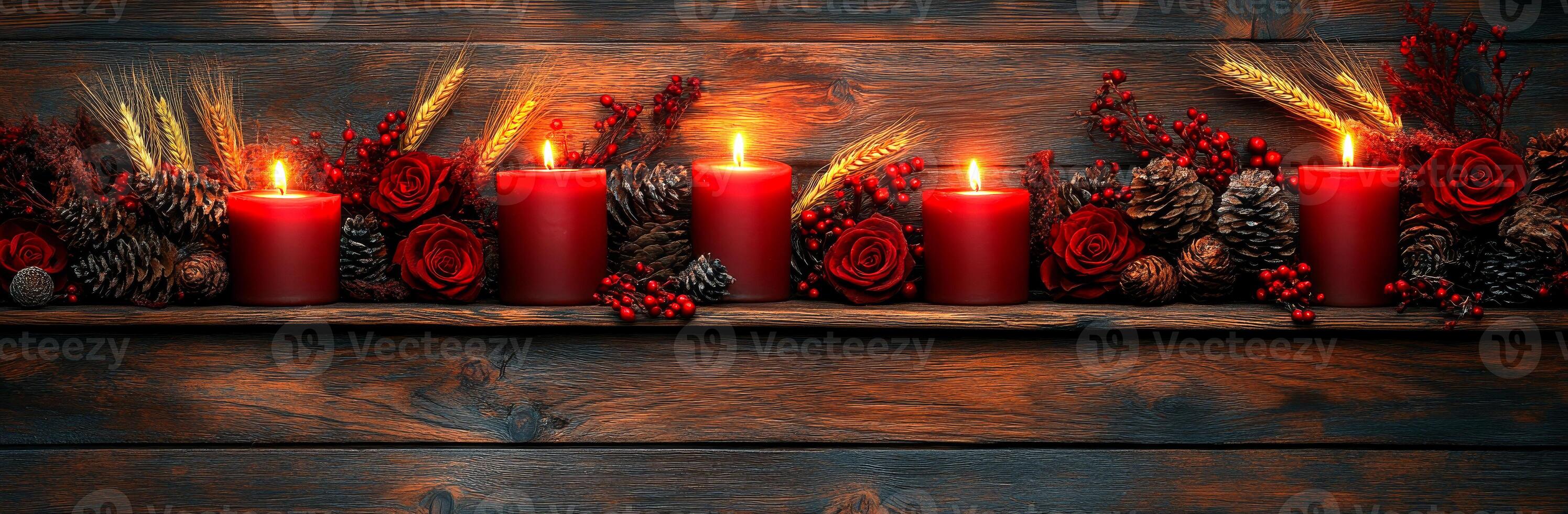Red candles with holiday decor on wood. Festive red candles burn brightly, surrounded by seasonal decor, arranged beautifully on a rustic wooden shelf during the holiday season. photo