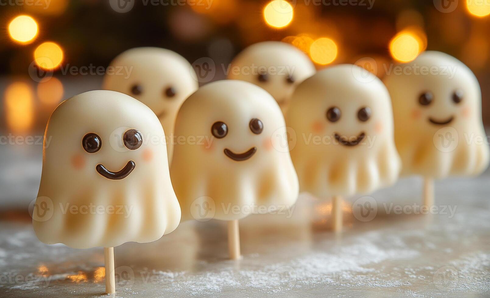 Cute ghost dessert pops for Halloween celebration. These delightful ghost dessert pops are perfect for Halloween festivities, featuring smiling faces and a fun, festive presentation. photo