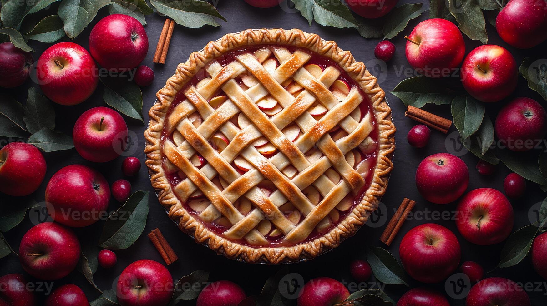 Fresh ingredients, tasty apple pie. A fresh apple pie sits beautifully with ripe apples, cinnamon sticks, and green leaves, showcasing autumn's bounty. photo