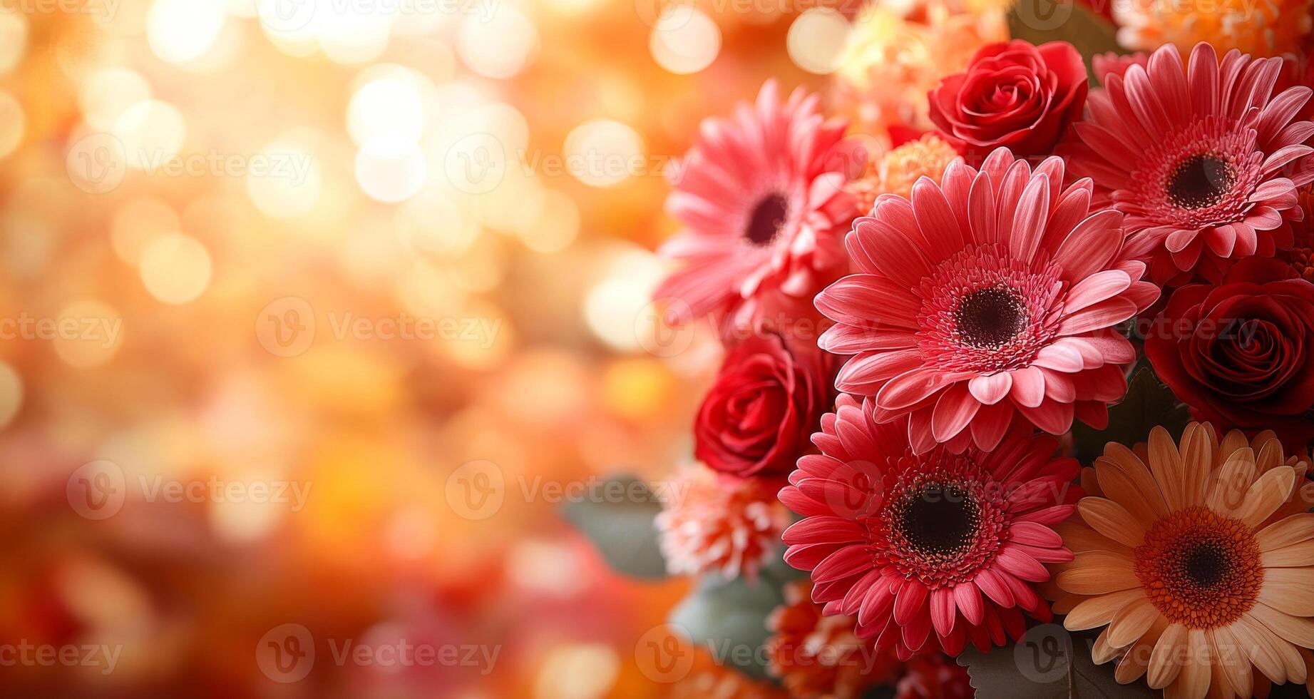 Vibrant flowers on a blurred backdrop. A vibrant arrangement of pink gerberas and red roses brightens the background with warm, glowing bokeh effect. photo