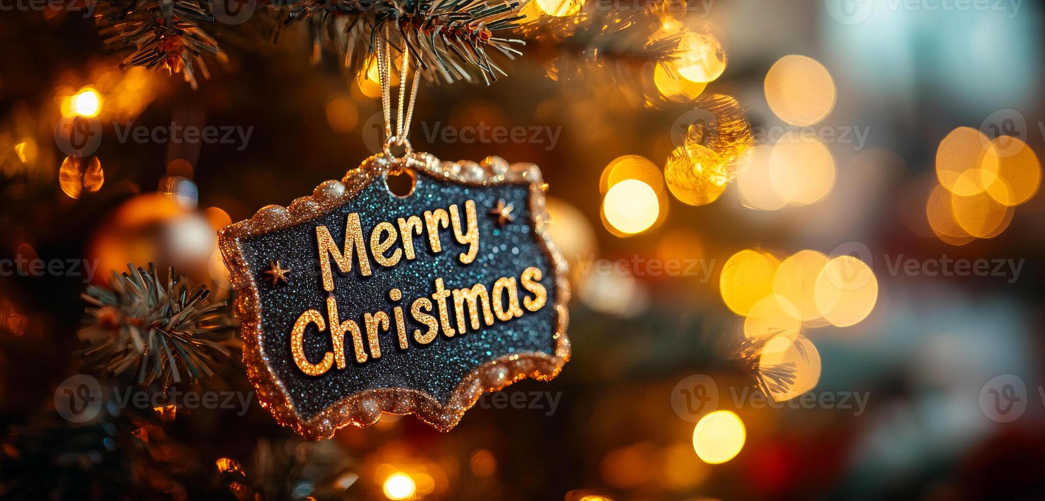 Festive Christmas decoration on a tree at night. A glowing Christmas tree, adorned with lights and a Merry Christmas sign, creates a warm holiday atmosphere. photo