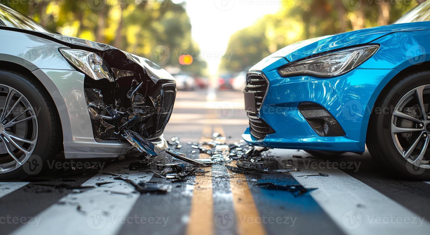 Daylight car crash on busy street. Two cars are involved in a collision on a bustling urban street, with debris scattered across the pavement. photo