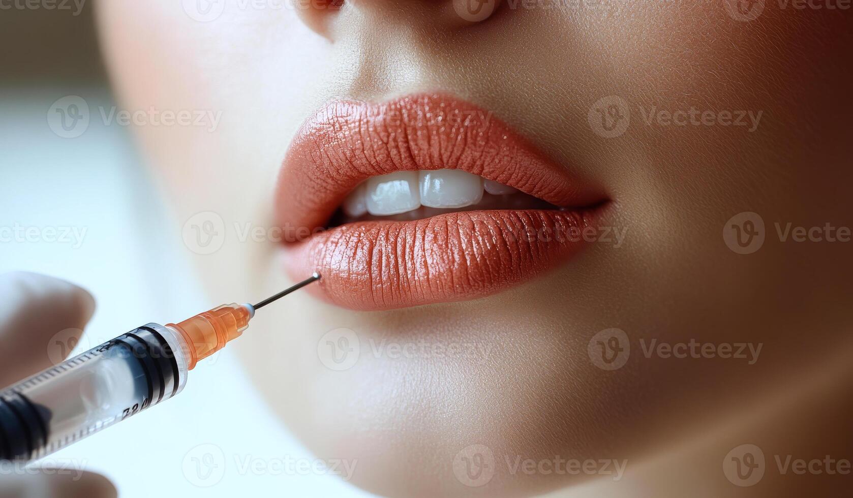 Lip enhancement at a beauty clinic. A cosmetic practitioner administers a lip filler treatment to enhance the patient's lip volume in a professional clinic environment. photo