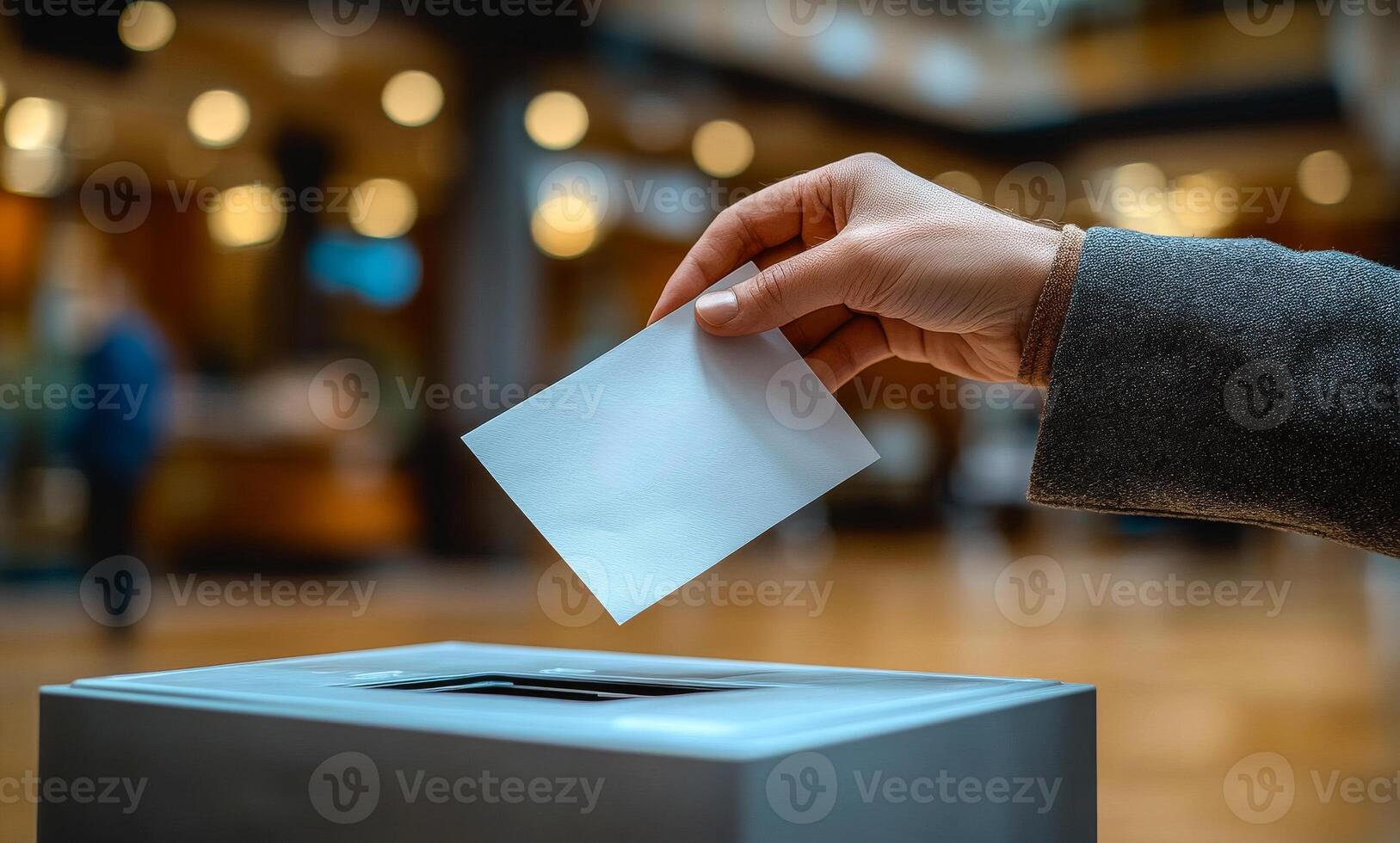 Voter casting ballot in modern polling place. A hand places a ballot into a voting box at an urban polling location, emphasizing civic participation during elections. photo