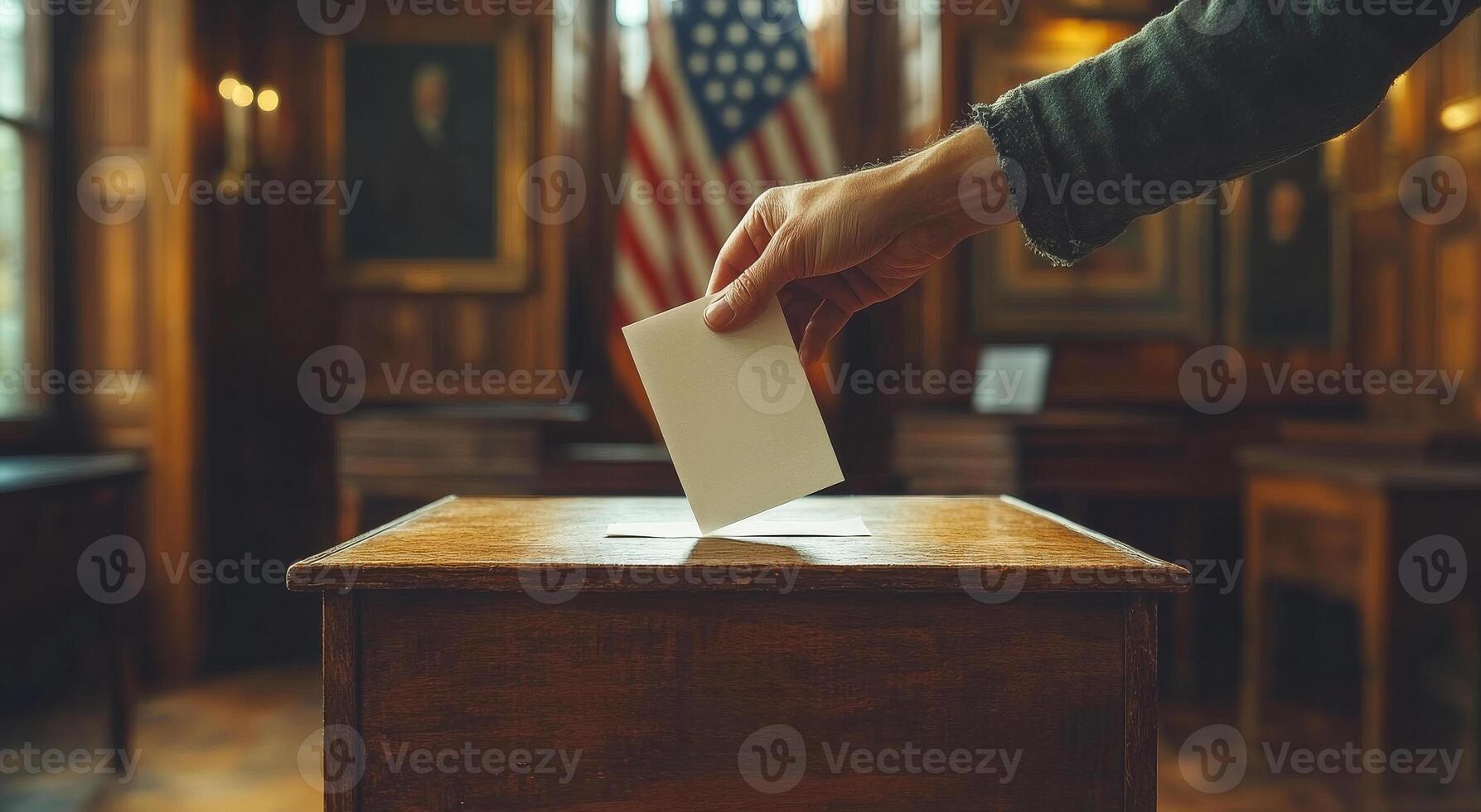 Voting in a historic hall during elections. A hand places a ballot into a wooden box in a charming, historic voting hall adorned with American flags. photo