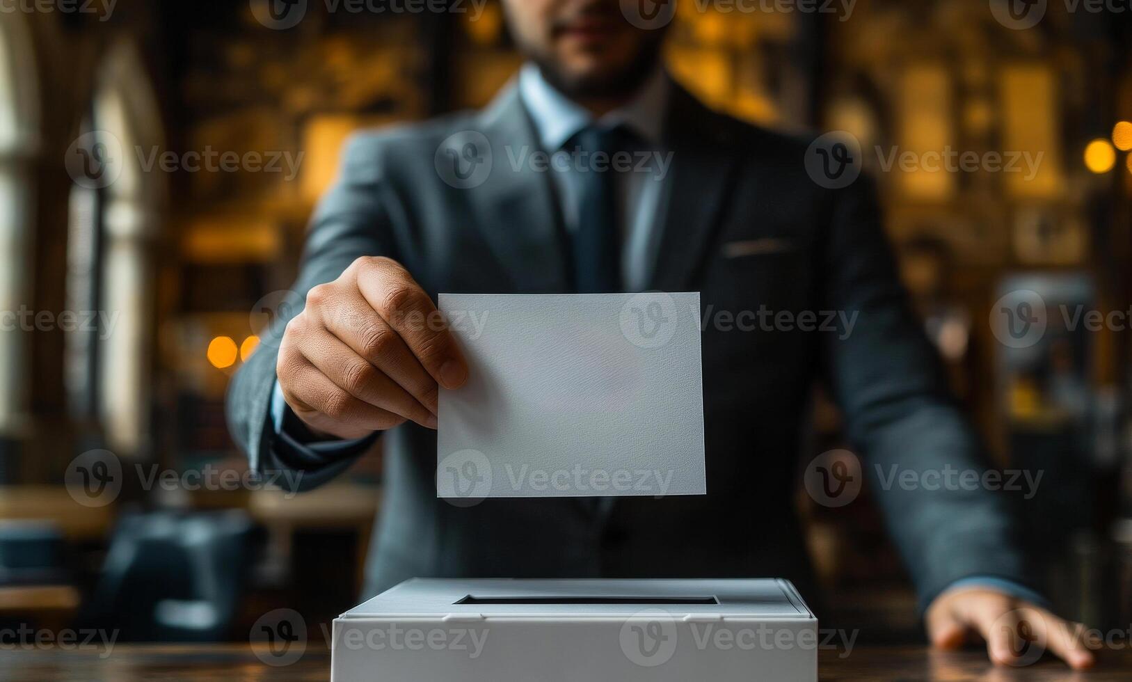 Man casting a ballot in a well-lit voting area. A man in a suit drops his ballot into a box during voting hours in a civic space, emphasizing civic duty and participation. photo
